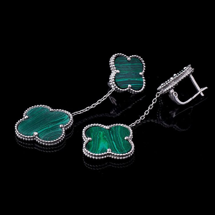 Серебряные серьги "Клевер" (малахит, родий) 121593 от ювелирного магазина Оникс - 4