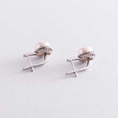 Серебряные серьги с жемчугом и фианитами 2458/1р-PWT №4