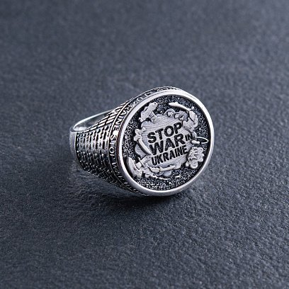 Чоловіча срібна печатка "Stop war in Ukraine" 112723