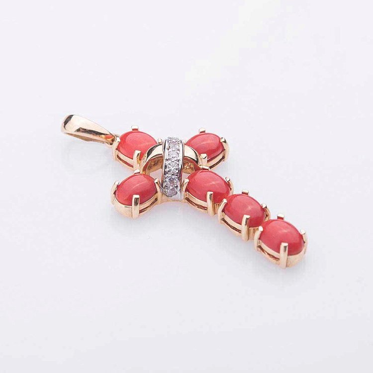 Золотий хрестик з коралом і фіанітами п483 від ювелірного магазину Онікс - 1