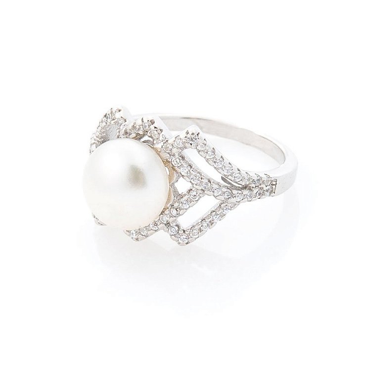 Серебряное кольцо с фианитами и культ. пресн. жемчугом 111863 от ювелирного магазина Оникс - 2