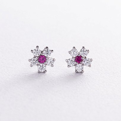 Серебряные серьги - пусеты "Цветочки" с фианитами 766