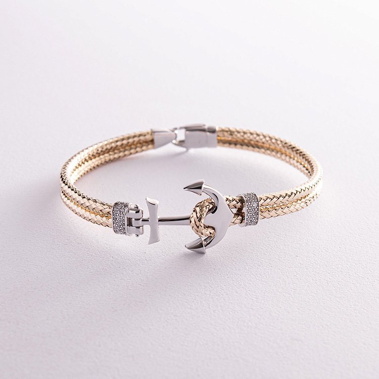 Золотий браслет "Якір" з фіанітами б02742 від ювелірного магазину Онікс