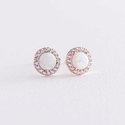 Золотые серьги-пусеты "Сияние" (синт. опал, фианиты) 8 мм с07439