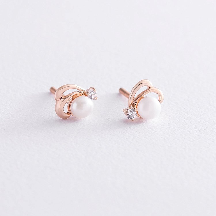 Золоті сережки-пусети (культ. прісн. перли, фіаніти) с02453 від ювелірного магазину Онікс