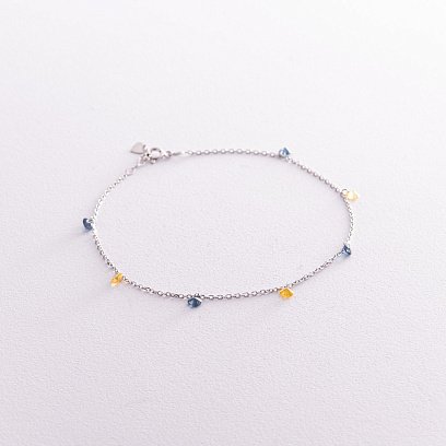 Браслет "Украинка" в серебре на ногу (синие и желтые фианиты) 141611