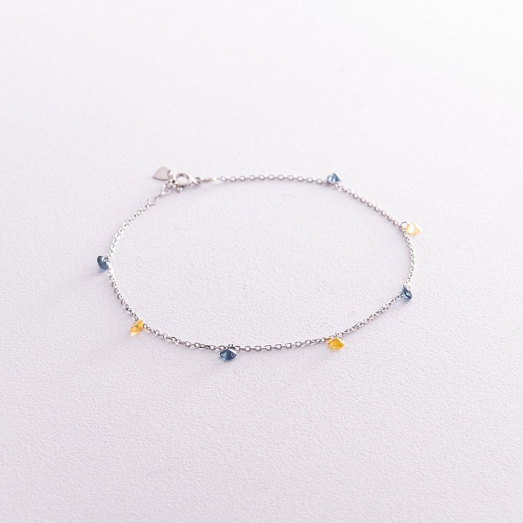 Браслет "Украинка" в серебре на ногу (синие и желтые фианиты) 141611 от ювелирного магазина Оникс