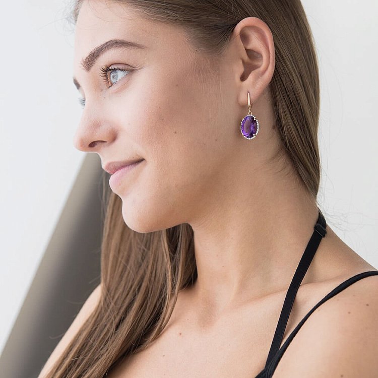 Ексклюзивні золоті сережки з аметистом і фіанітами с03838 від ювелірного магазину Онікс - 1