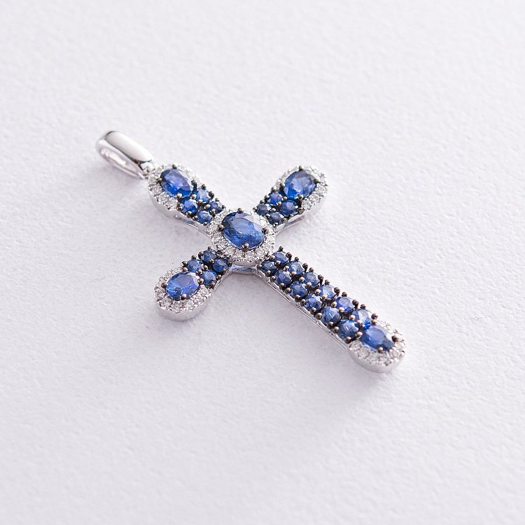 Золотий хрестик з сапфірами і діамантами пб0059gm від ювелірного магазину Онікс