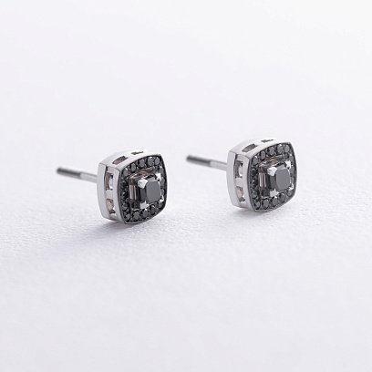 Золотые серьги - пусеты 2 в 1 с черными бриллиантами 332921122