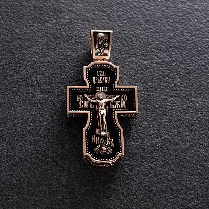 Золотий хрест "Господь. Архангели Михаїл та Гавриїл. Ангел Хранитель. Святитель Миколай. Сергій Радонезький" з ебеновим деревом 980з
