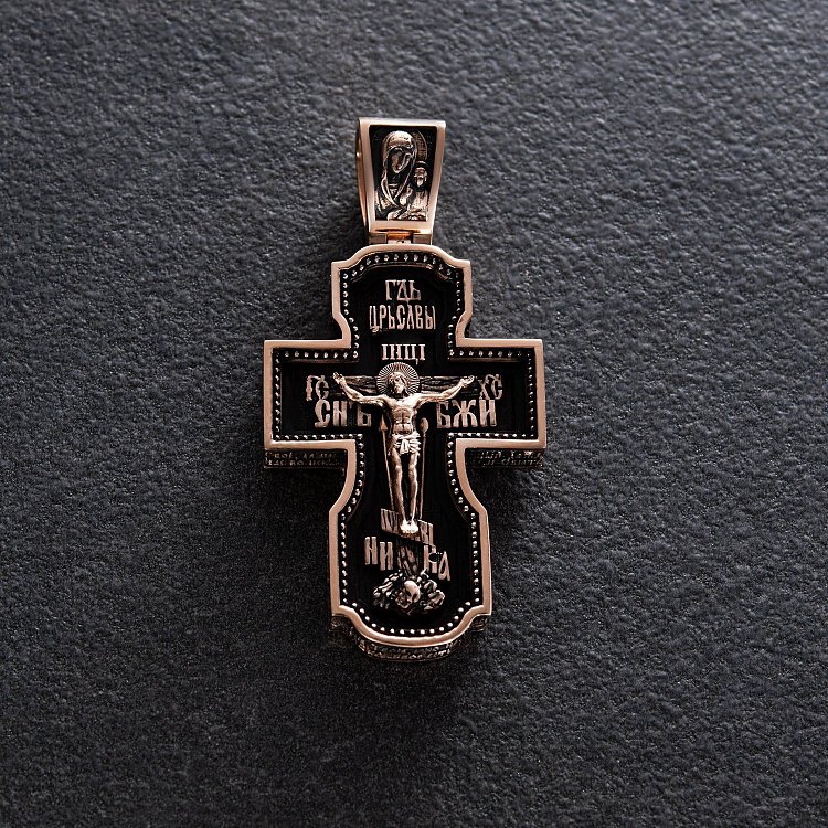 Золотий хрест "Господь. Архангели Михаїл та Гавриїл. Ангел Хранитель. Святитель Миколай. Сергій Радонезький" з ебеновим деревом 980з від ювелірного магазину Онікс
