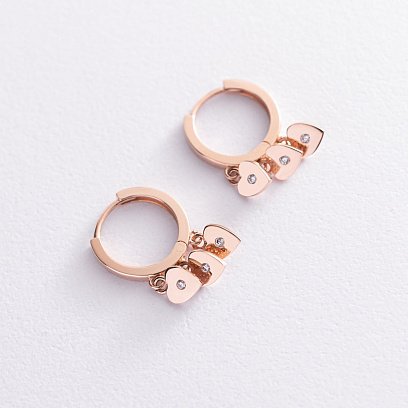 Золотые серьги - кольца "Сердечки" с фианитами с07476