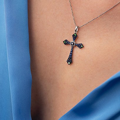 Золотой крестик (сапфир, бриллиант, уваровит) пб0129gm №2