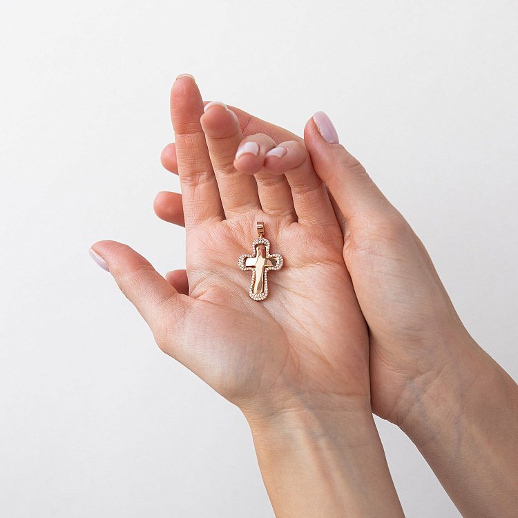 Золотой крестик с фианитами "Спаси и сохрани" п02254 от ювелирного магазина Оникс - 1