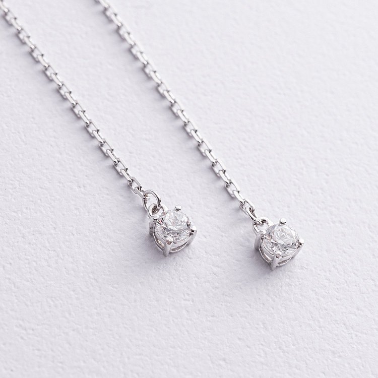 Серебряные серьги - протяжки с фианитами 123102 от ювелирного магазина Оникс - 5