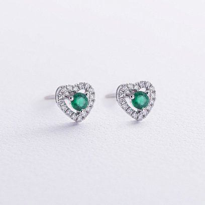 Золотые серьги - пусеты "Сердечки" с изумрудами и бриллиантами сб0507ca