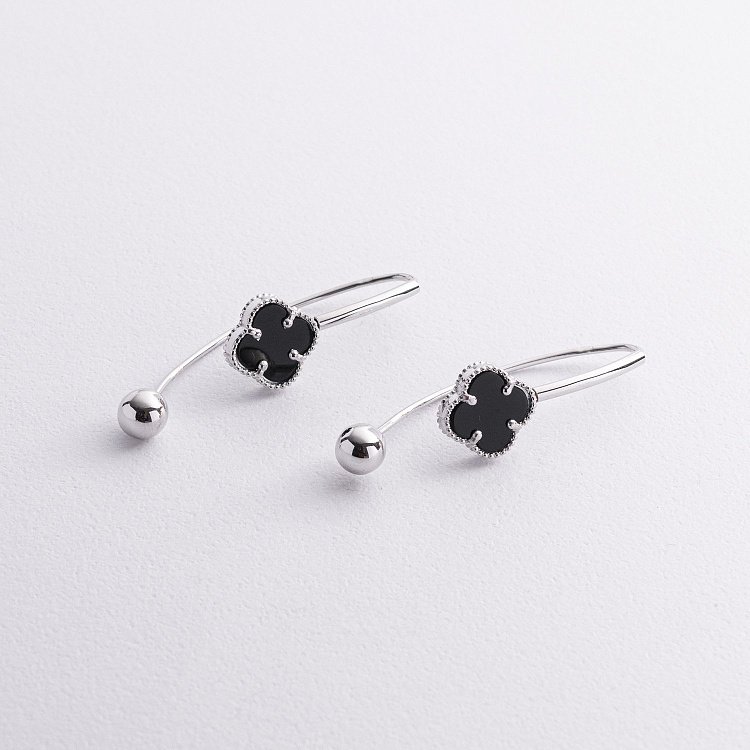 Золотые серьги "Клевер" с ониксом с09324 от ювелирного магазина Оникс - 1