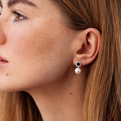 Срібні сережки з перлами, синт. сапфірами та фіанітами 2487/1р-PWTNS №2