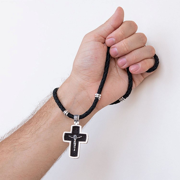 Мужской православный крест из эбенового дерева и серебра (на шнуре) эбен2 от ювелирного магазина Оникс - 1