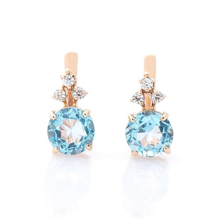 Золоті сережки з блакитним топазом і фіанітами с02855 від ювелірного магазину Онікс