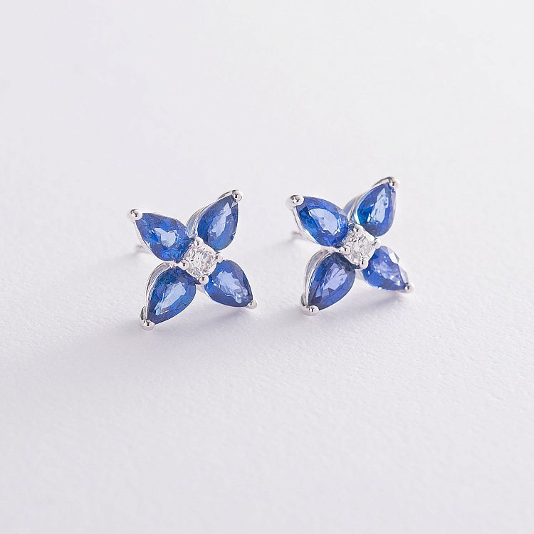 Золоті сережки-пусети "Конюшина" (сапфір, діамант) сб0215gl від ювелірного магазину Онікс