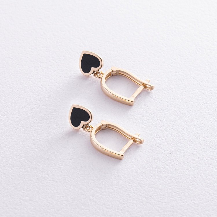 Серьги "Сердечки" в желтом золоте (эмаль) с08339 - 2 Серьги "Сердечки" в желтом золоте (эмаль) с08339 от ювелирного магазина Оникс - 2