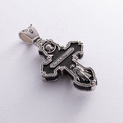 Мужской православный крест "Распятие. Спаси и Сохрани" из эбенового дерева и серебра 624 №7