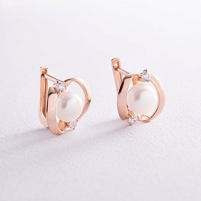 Золотые серьги с культ. пресн. жемчугом и фианитами с08135