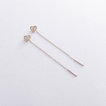 Серьги - протяжки "Сердечки" в желтом золоте (фианиты) с08069