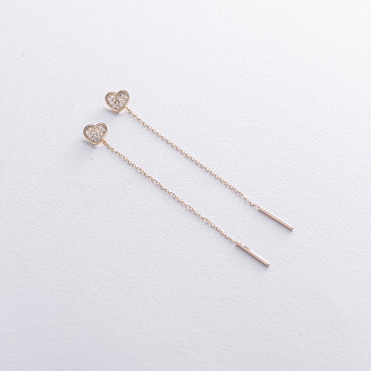Серьги - протяжки "Сердечки" в желтом золоте (фианиты) с08069 от ювелирного магазина Оникс