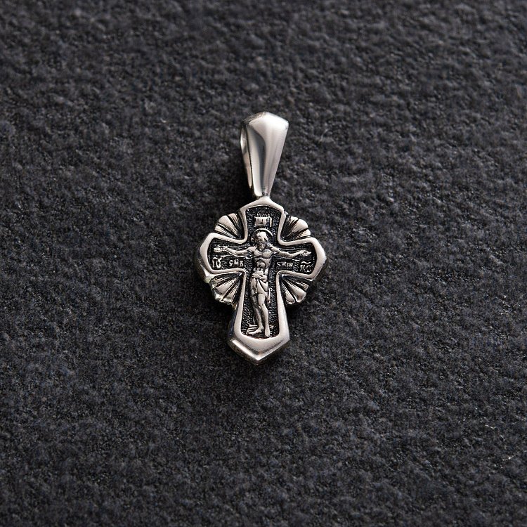 ﻿Серебряный крест "Распятие Христово. Архангел Михаил" с чернением 132707 от ювелирного магазина Оникс