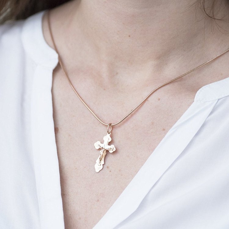 Золотой православный крестик "Распятие. Спаси и сохрани" п02337 от ювелирного магазина Оникс - 1