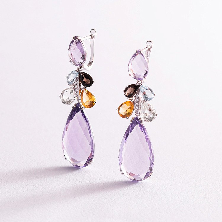 Золотые серьги (бриллианты, топаз голубой, цитрин, кварц дымчастый, аметист зеленый, аметист) с1026A1 от ювелирного магазина Оникс