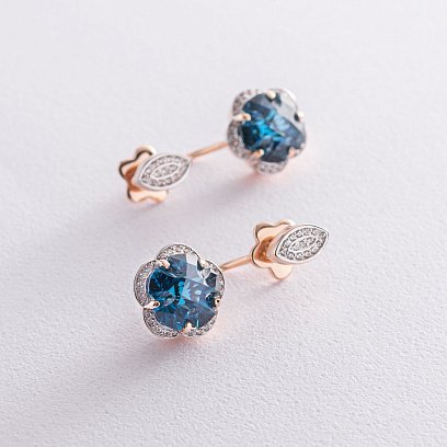 Золотые серьги-пусеты "Цветочки" (Лондон топаз) с1005k №3