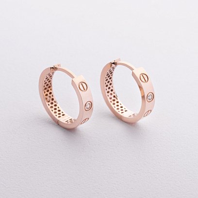 Золотые серьги - кольца "Love" с фианитами с09362