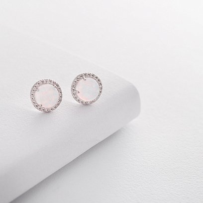 Золотые серьги-пусеты "Сияние" (им. опал, фианит) 10 мм с06326