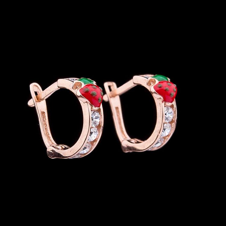 Золотые детские серьги "Клубника" с эмалью с04073 от ювелирного магазина Оникс - 2