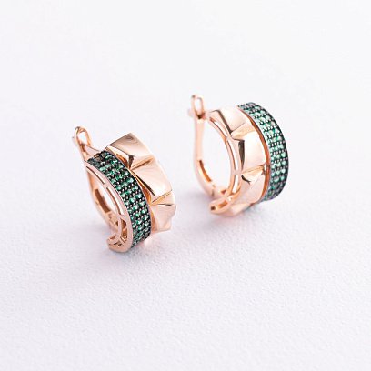 Золотые серьги с зелеными фианитами с05526