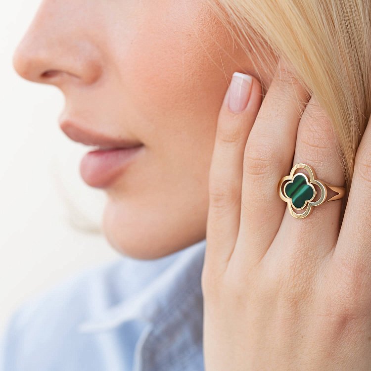 Кольцо "Клевер" в желтом золоте (эмаль) к06988 от ювелирного магазина Оникс - 3