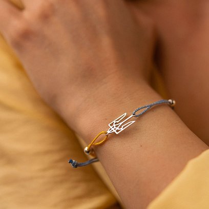 Срібний браслет "Герб України - Тризуб" (блакитна та жовта нитка) 312/2т №2