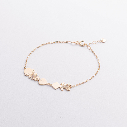 Браслет "Дівчинка, хлопчик і сердечко" у жовтому золоті (фіаніти) б05655