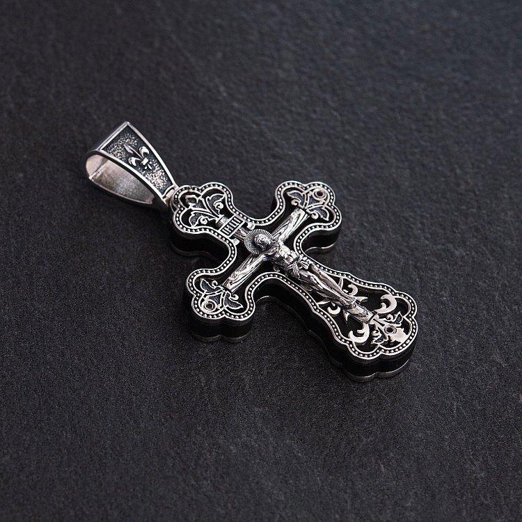 Срібний хрест "Розп'яття. Спаси і Збережи" з ебеновим деревом 851 від ювелірного магазину Онікс - 4