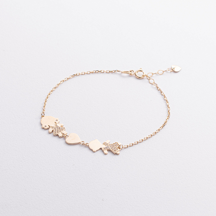 Браслет "Дівчинка, хлопчик і сердечко" у жовтому золоті (фіаніти) б05655 від ювелірного магазину Онікс