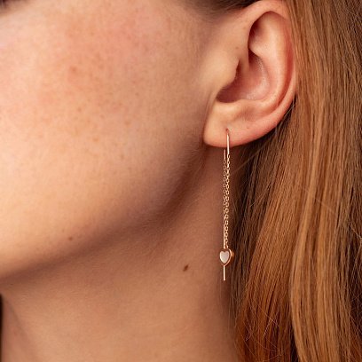 Золотые серьги - протяжки "Сердечки" с перламутром с08574 №6