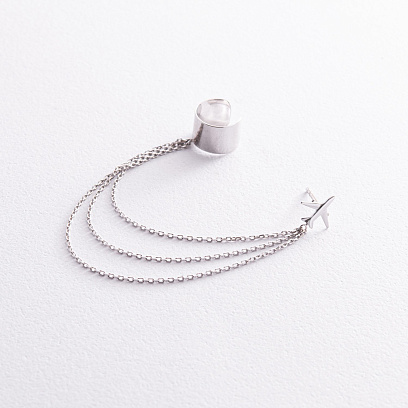 Серьга - каффа "Самолет" в белом золоте с цепочками с08387 №2