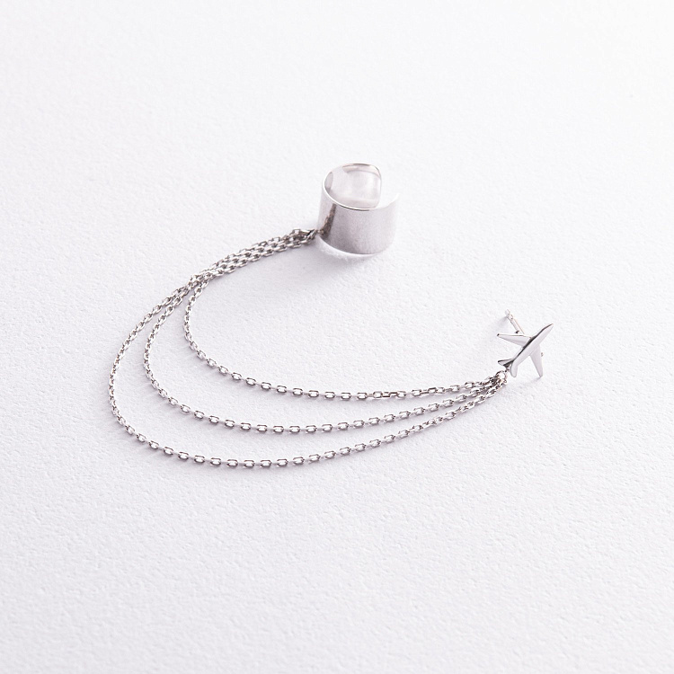 Серьга - каффа "Самолет" в белом золоте с цепочками с08387 от ювелирного магазина Оникс - 3