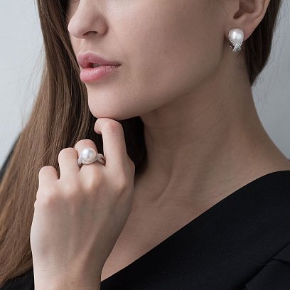 Золота каблучка з перлиною і діамантами к856 №2