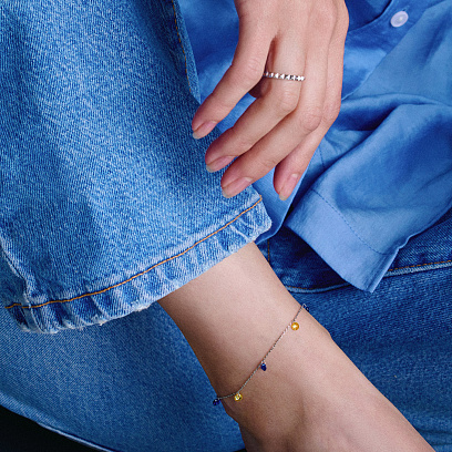 Браслет "Украинка" в белом золоте на ногу (синие и желтые фианиты) б05120 №3