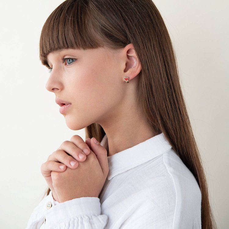 Золоті дитячі сережки "Метелики" з емаллю с03221 від ювелірного магазину Онікс - 1